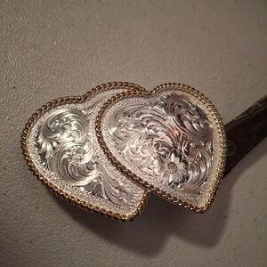 Justin Montana Silversmiths Double Heart Buckle Brown Leather Belt Western Women